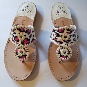 Jack Rogers Jacks Flat White & Neon Pink Leopard Design Leather Sandals Size 8.5